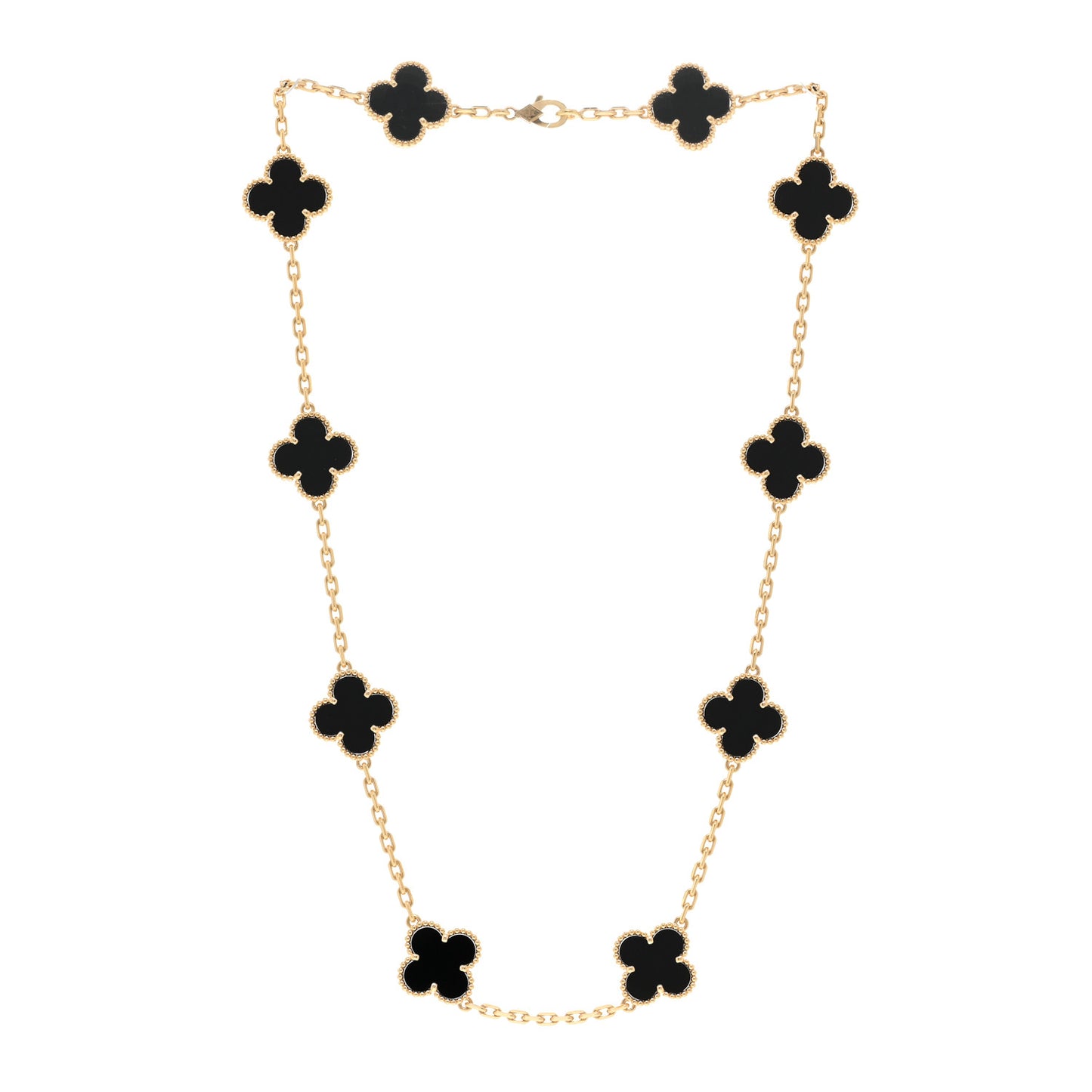 18K Yellow Gold Black Onyx 10 Motifs Vintage Alhambra Necklace