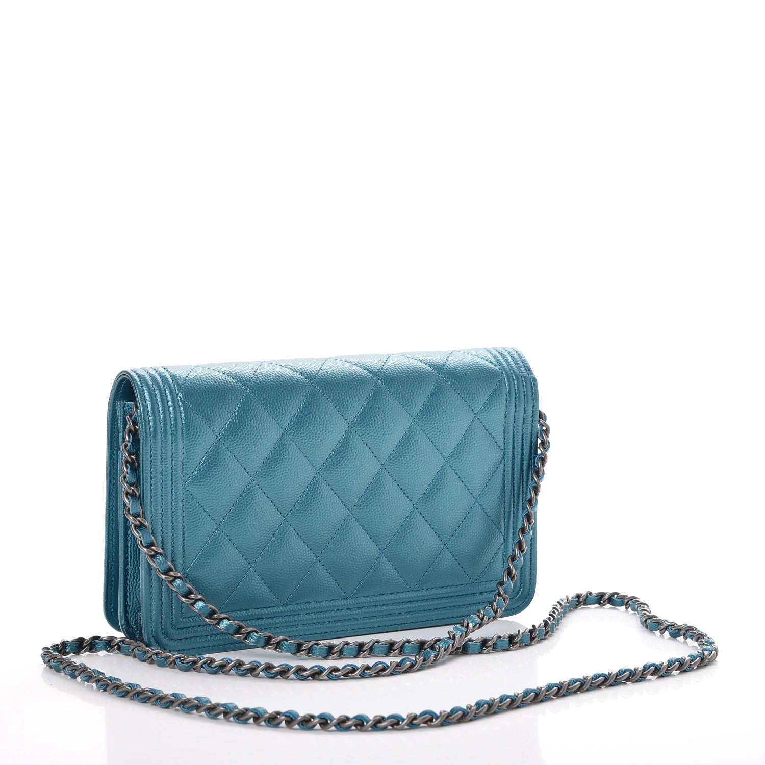 Chanel Metallic Caviar Quilted Boy Wallet On Chain WOC Turquoise 3 of 8