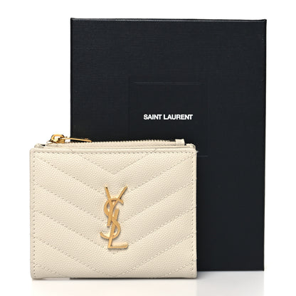 Saint Laurent Grain De Poudre Matelasse Chevron Monogram Zipped Card Case Crema Soft 10 of 10