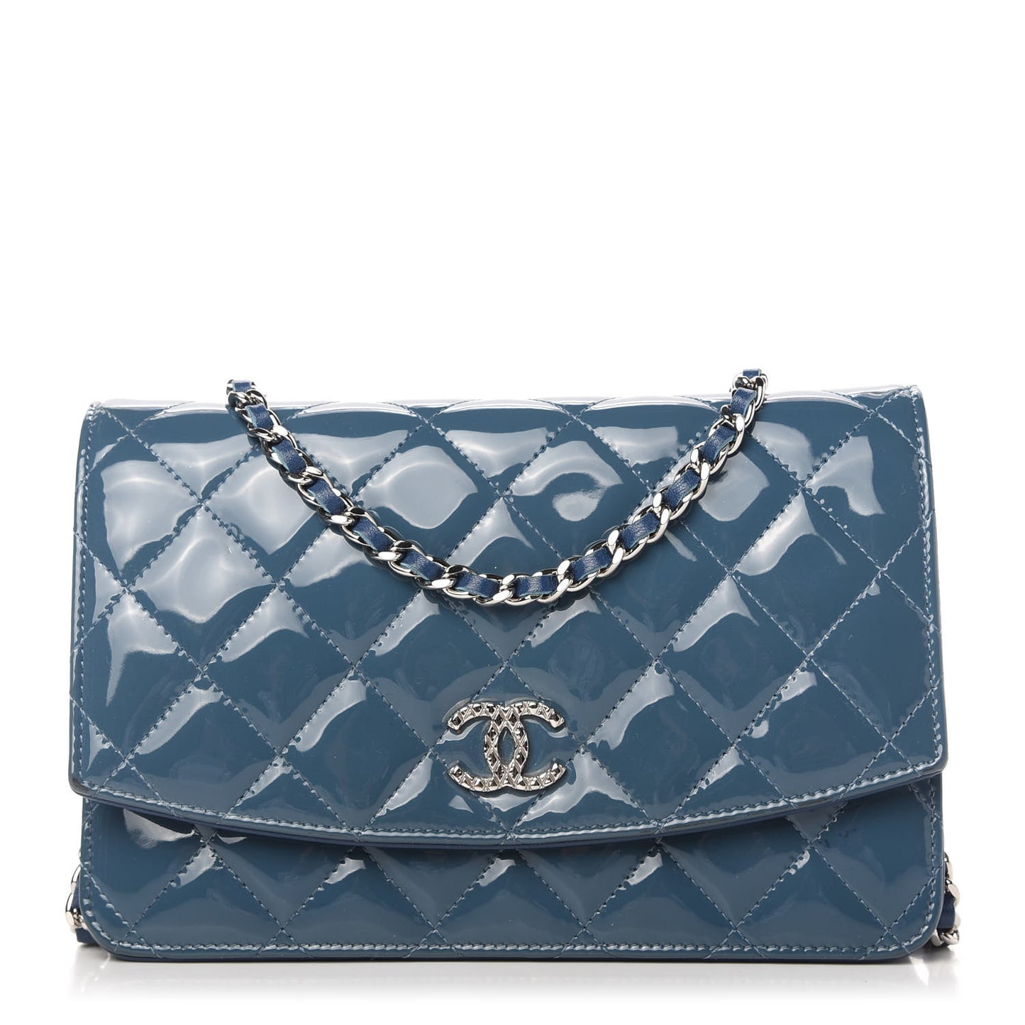 Patent Quilted Brilliant Wallet On Chain WOC Blue