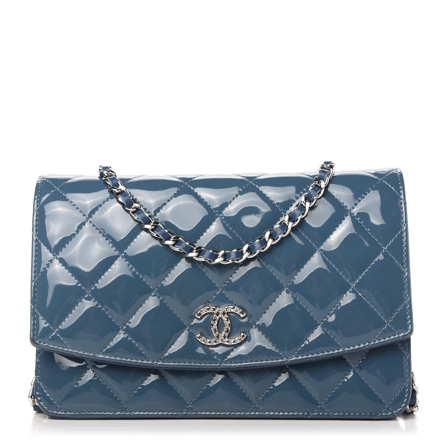 Chanel Patent Quilted Brilliant Wallet On Chain WOC Blue 1 of 12