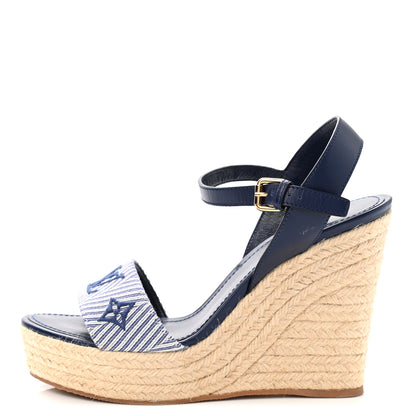 Louis Vuitton Calfskin Canvas Monogram Sail Away Wedge Sandal 38 Marine 1 of 10