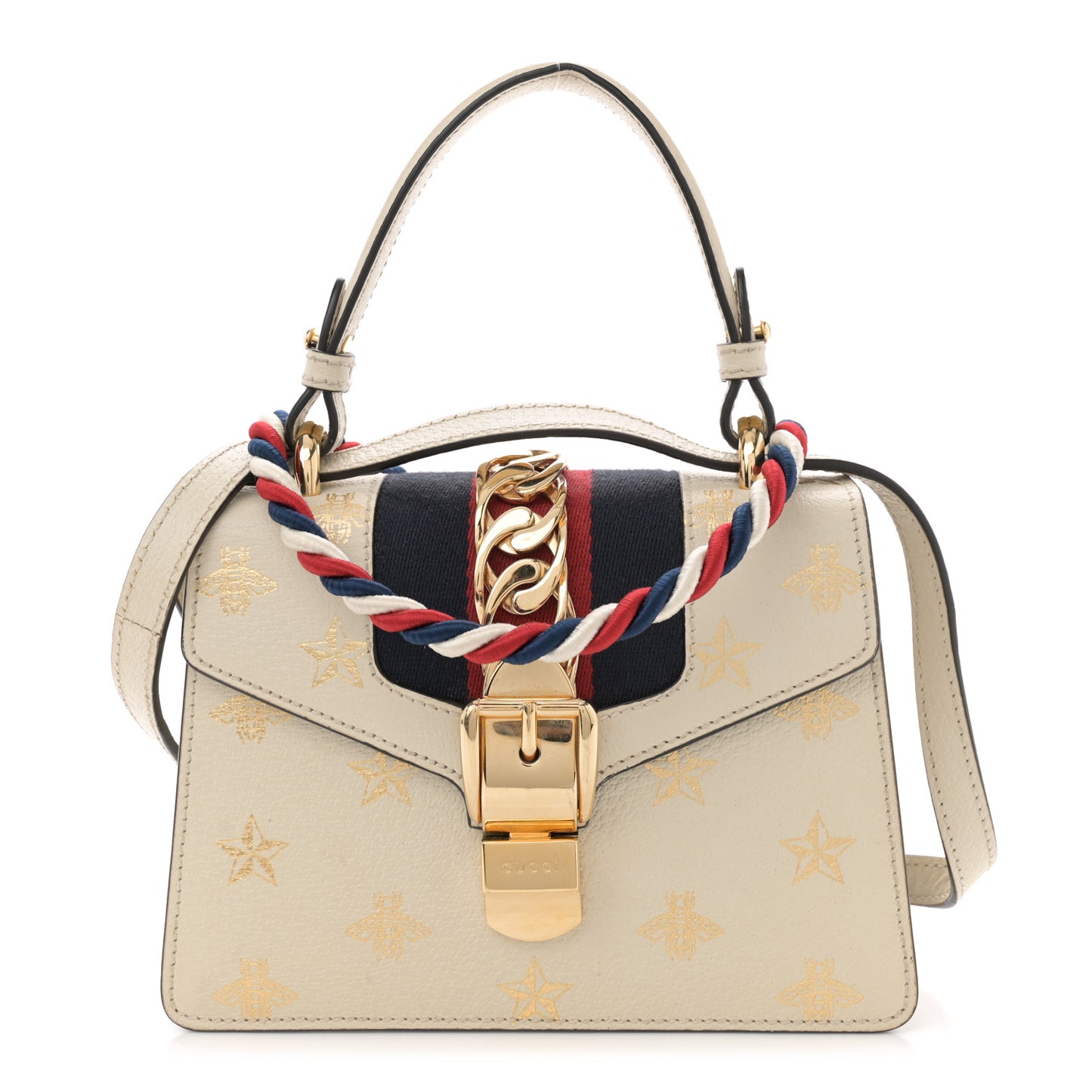 Textured Calfskin Bee Star Print Mini Sylvie Top Handle Bag Mystic White