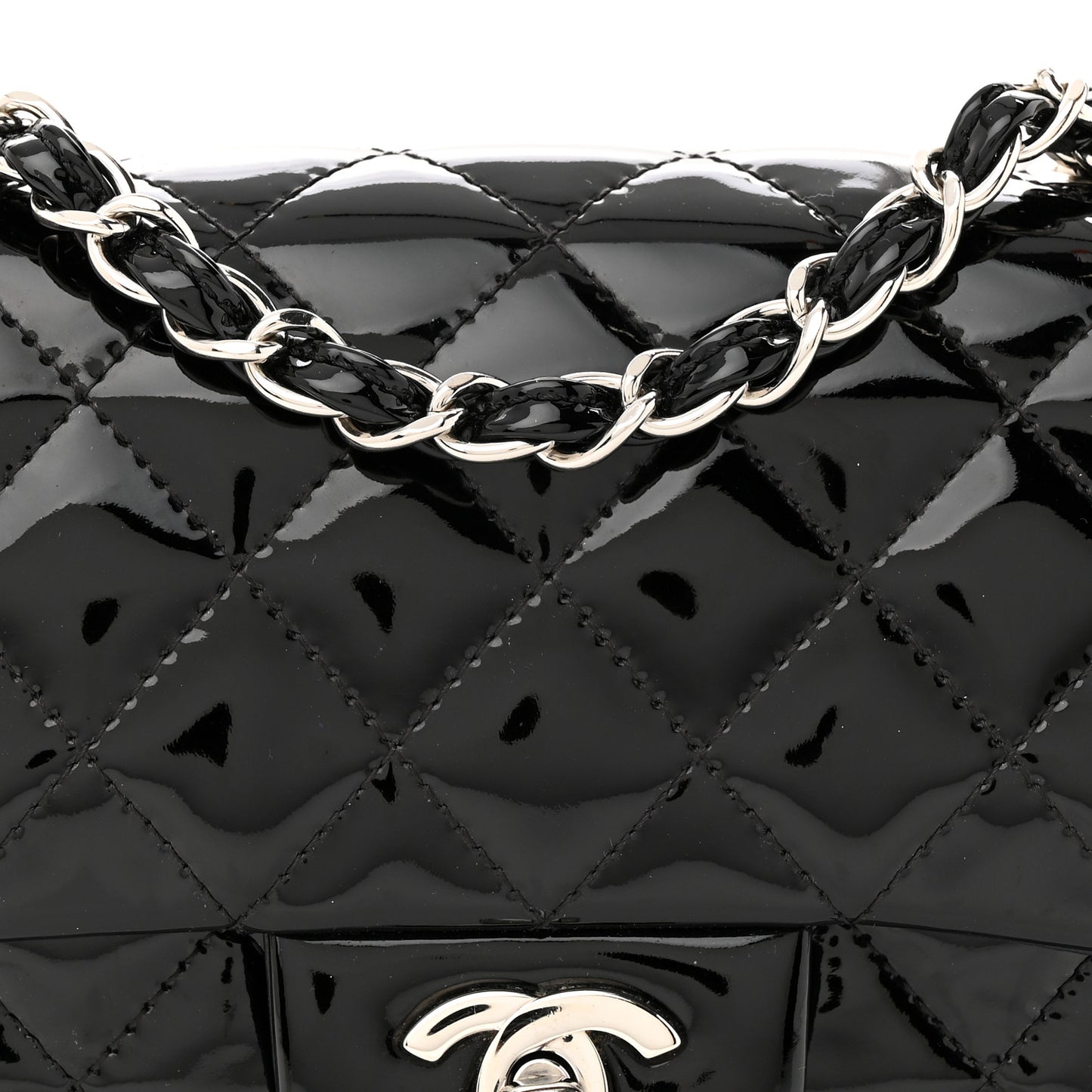 Patent Calfskin Quilted Mini Square Flap Black