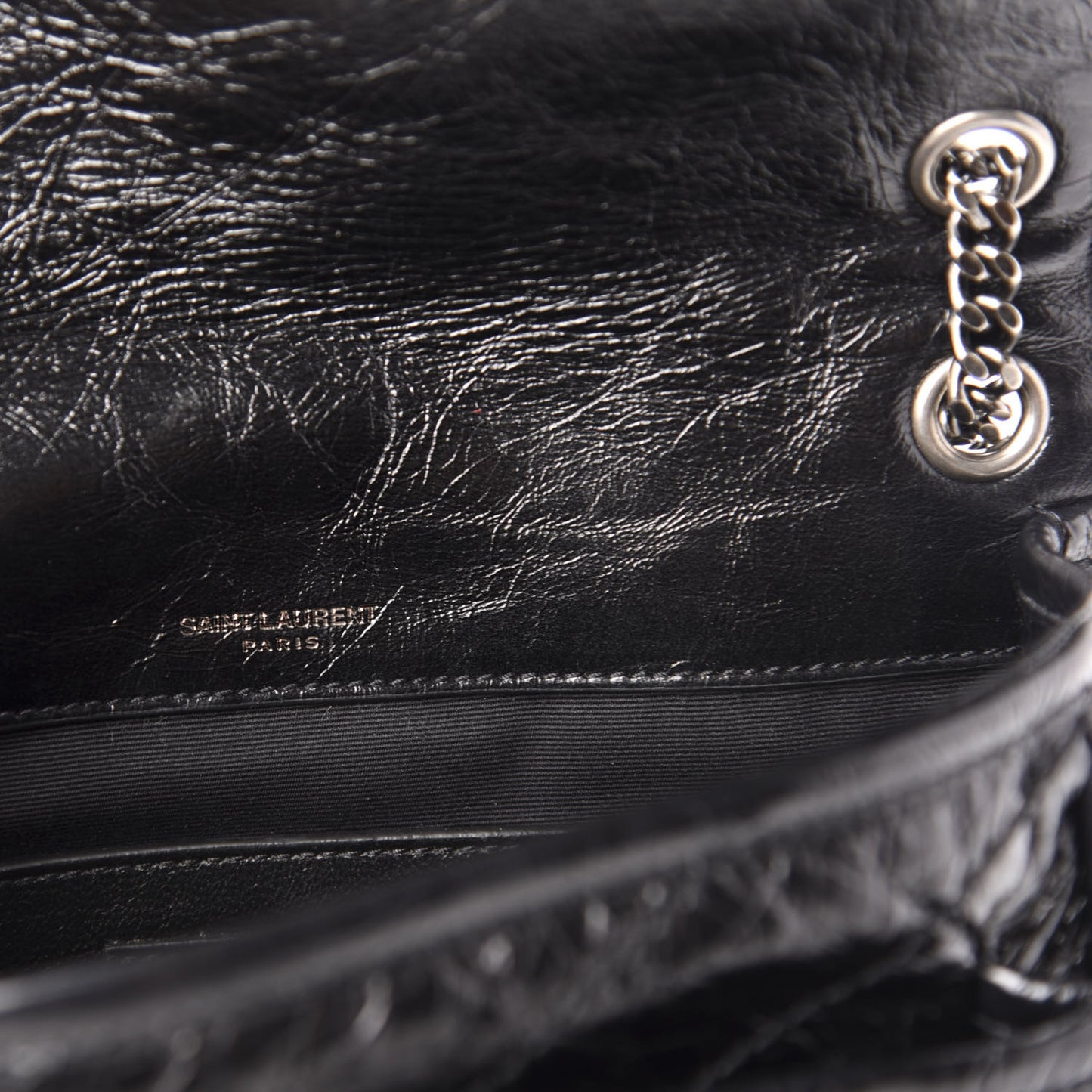 Crinkled Calfskin Matelasse Monogram Baby Niki Chain Satchel Black
