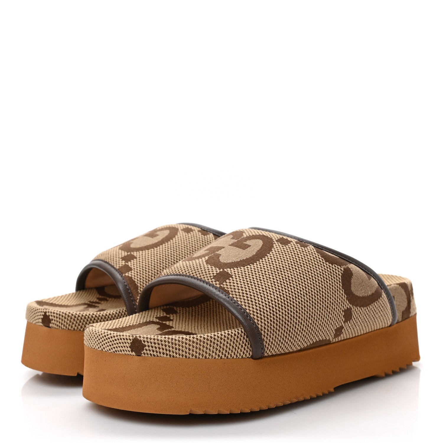 Gucci Monogram Jumbo GG Nappa Samoa Platform 40mm Slide Sandals 35 Camel Ebony New Acero 3 of 8