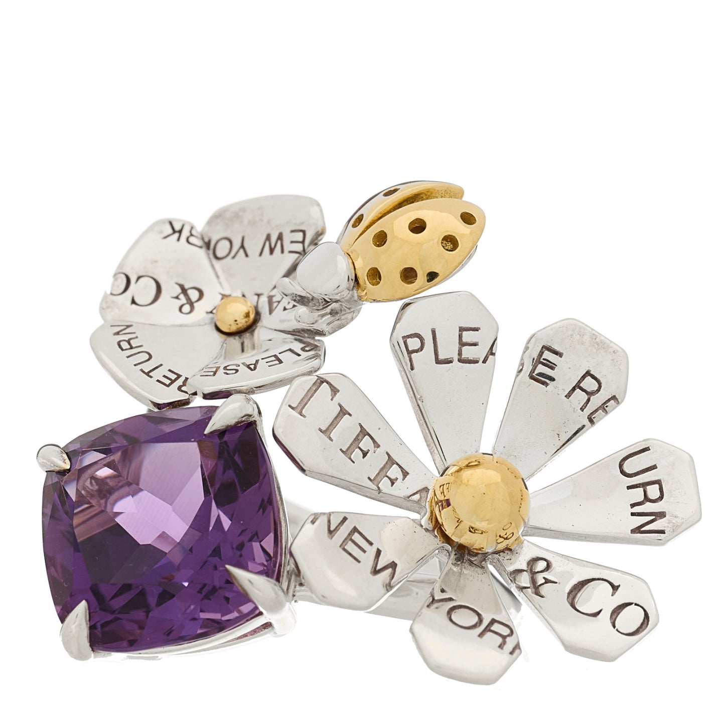 Sterling Silver 18K Yellow Gold Amethyst Return to Tiffany Love Bugs Ring 52 6