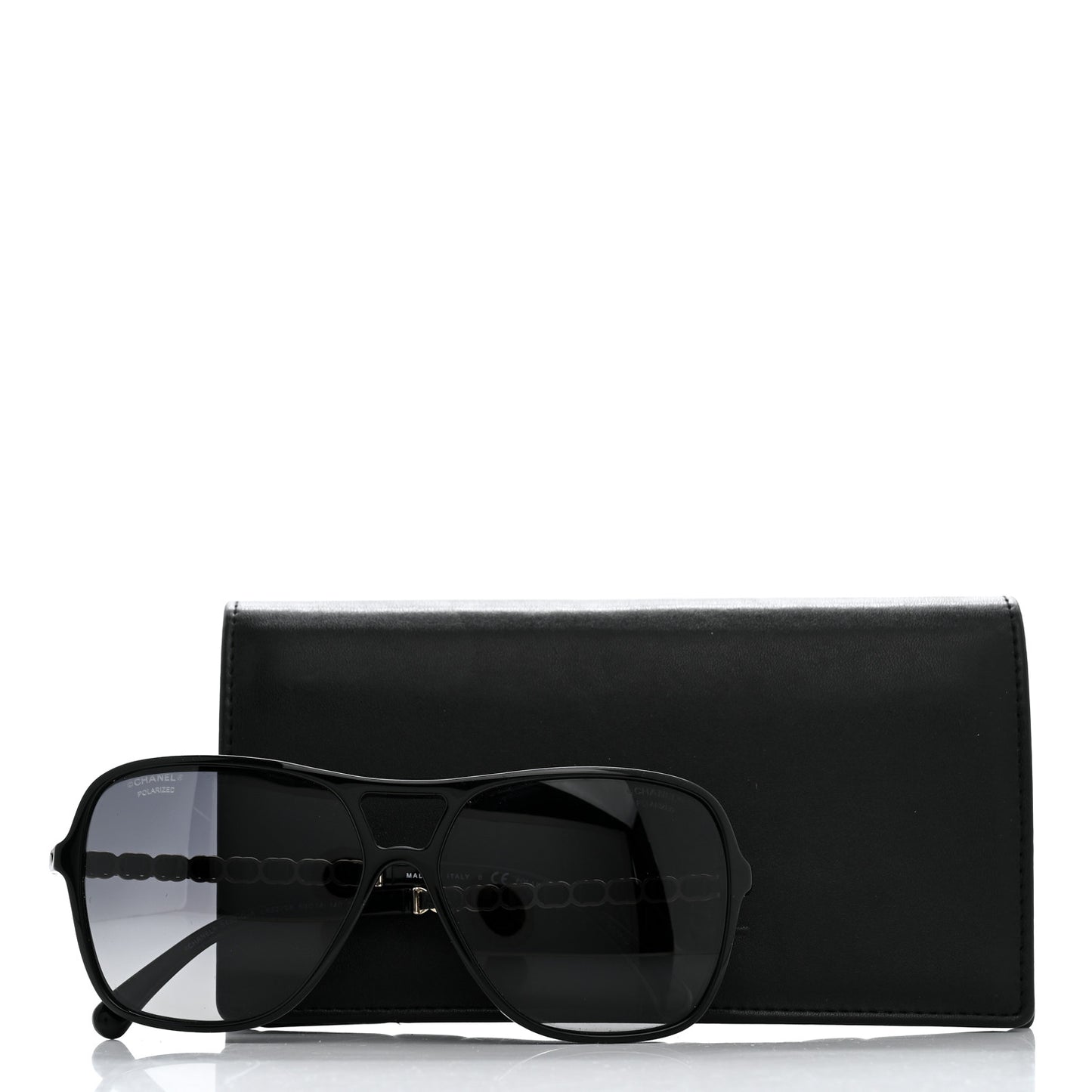 Metal Calfskin Polarized CC Chain Pilot Sunglasses 5439-Q-A Black