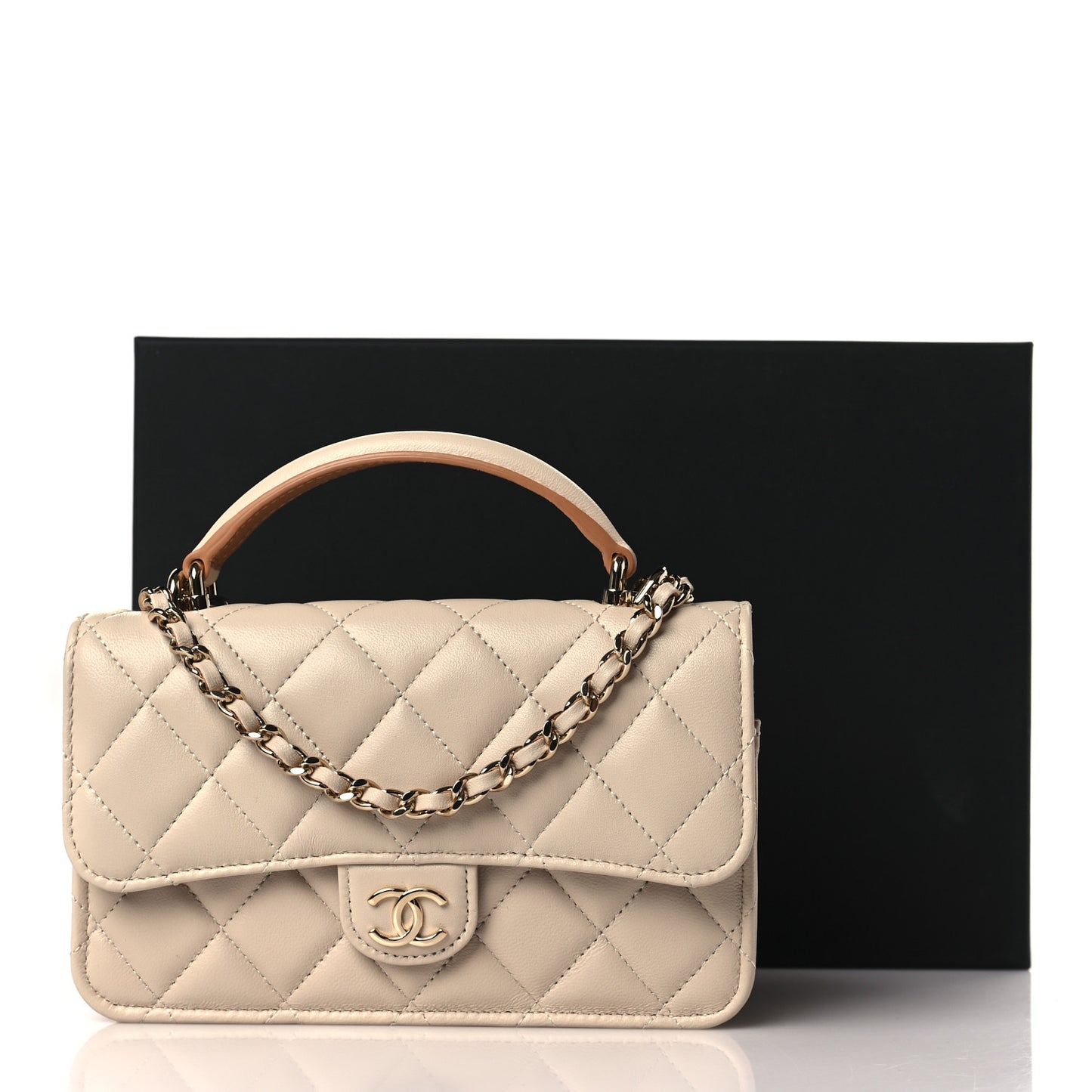 Lambskin Quilted Flap Phone Holder With Chain Beige Brown