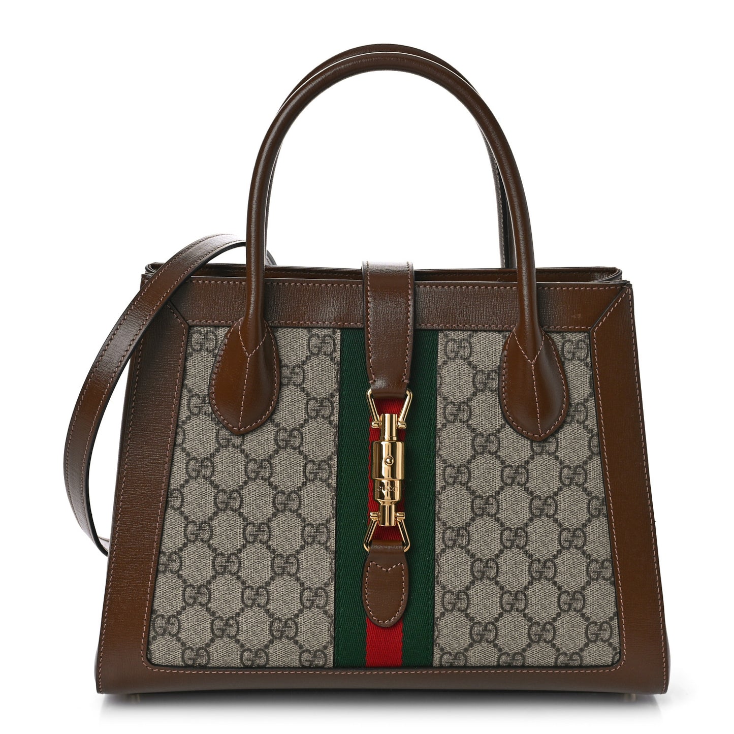 GG Supreme Monogram Azalea Calfskin Web Medium Jackie 1961 Tote Beige Ebony Brown Sugar
