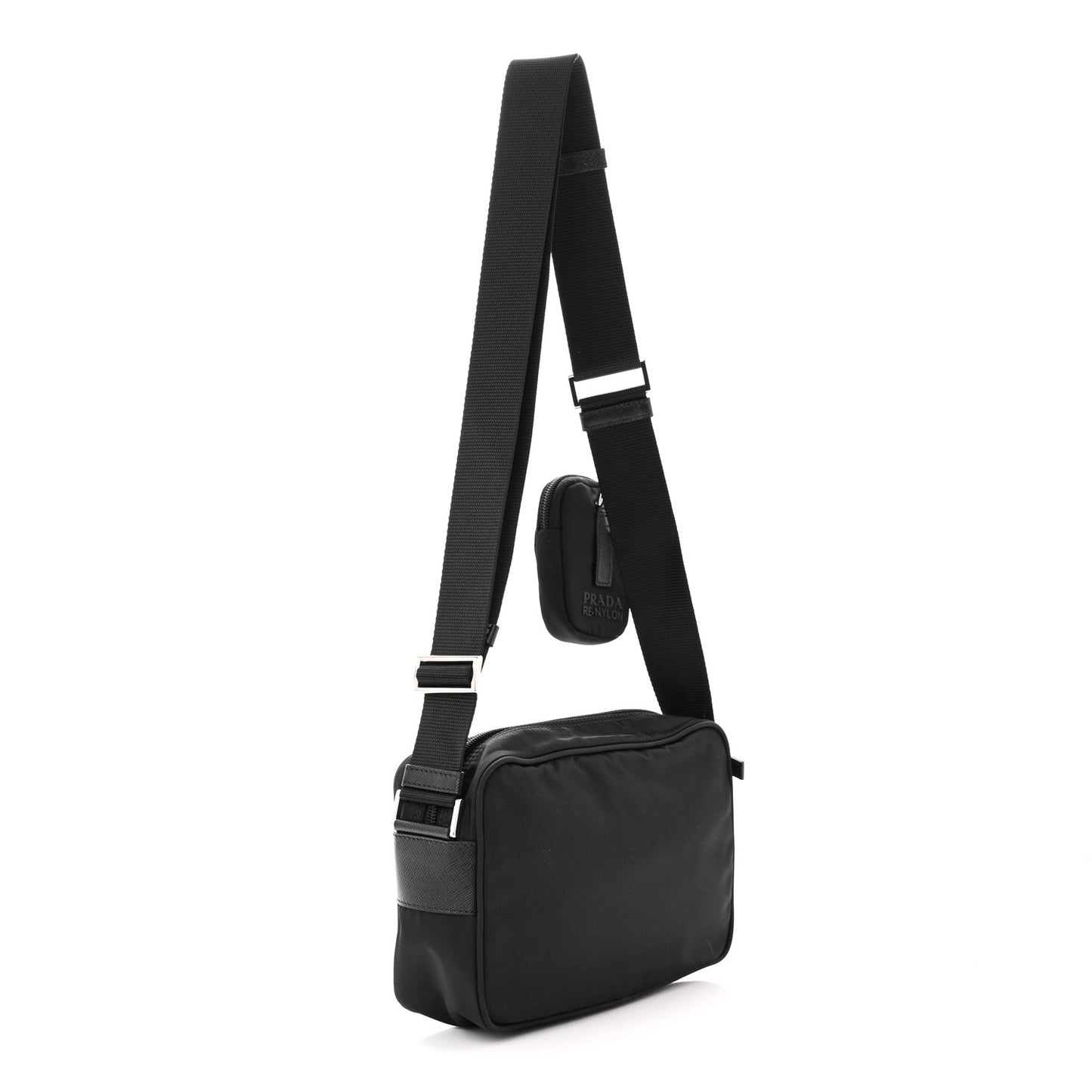 Re-Nylon Vela Saffiano Pocket Double Zip Shoulder Bag Black