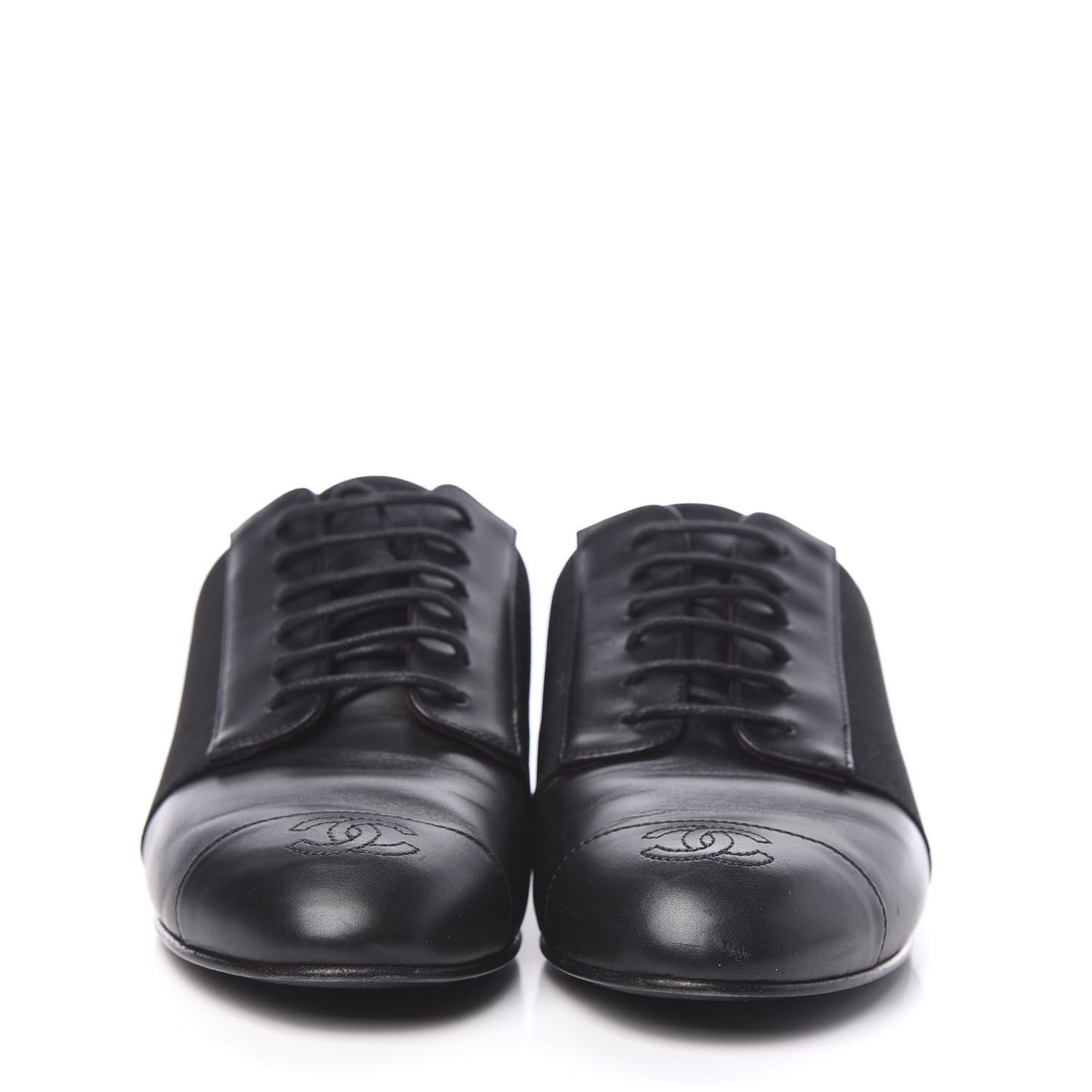 Calfskin Elastic Lace Up Cap Toe CC Loafers 35.5 Black