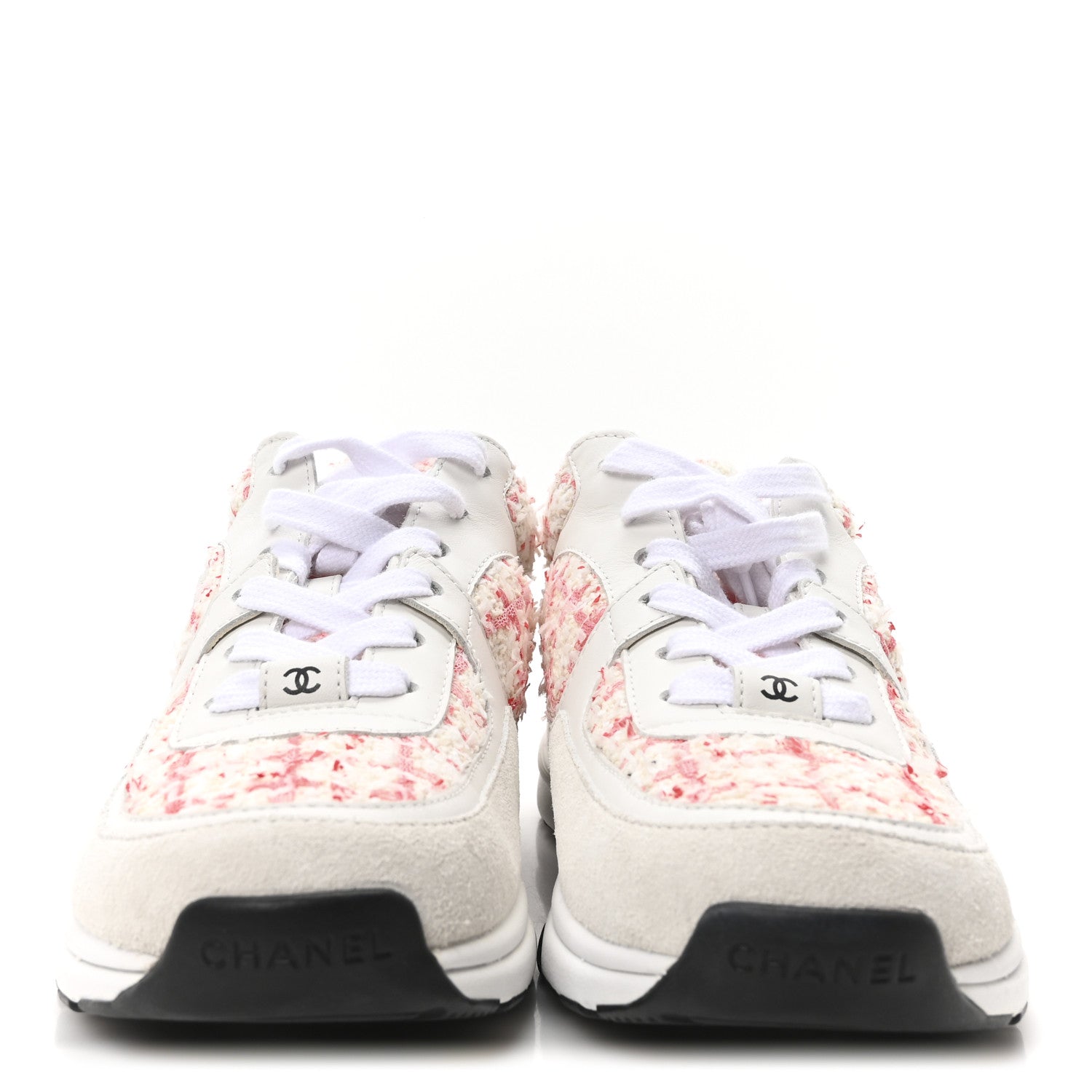 Chanel Tweed Suede Calfskin Womens CC Sneakers 40 Ecru Pink Red White 3 of 9