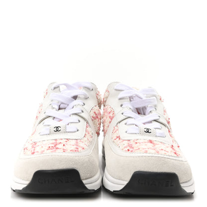 Chanel Tweed Suede Calfskin Womens CC Sneakers 40 Ecru Pink Red White 3 of 9