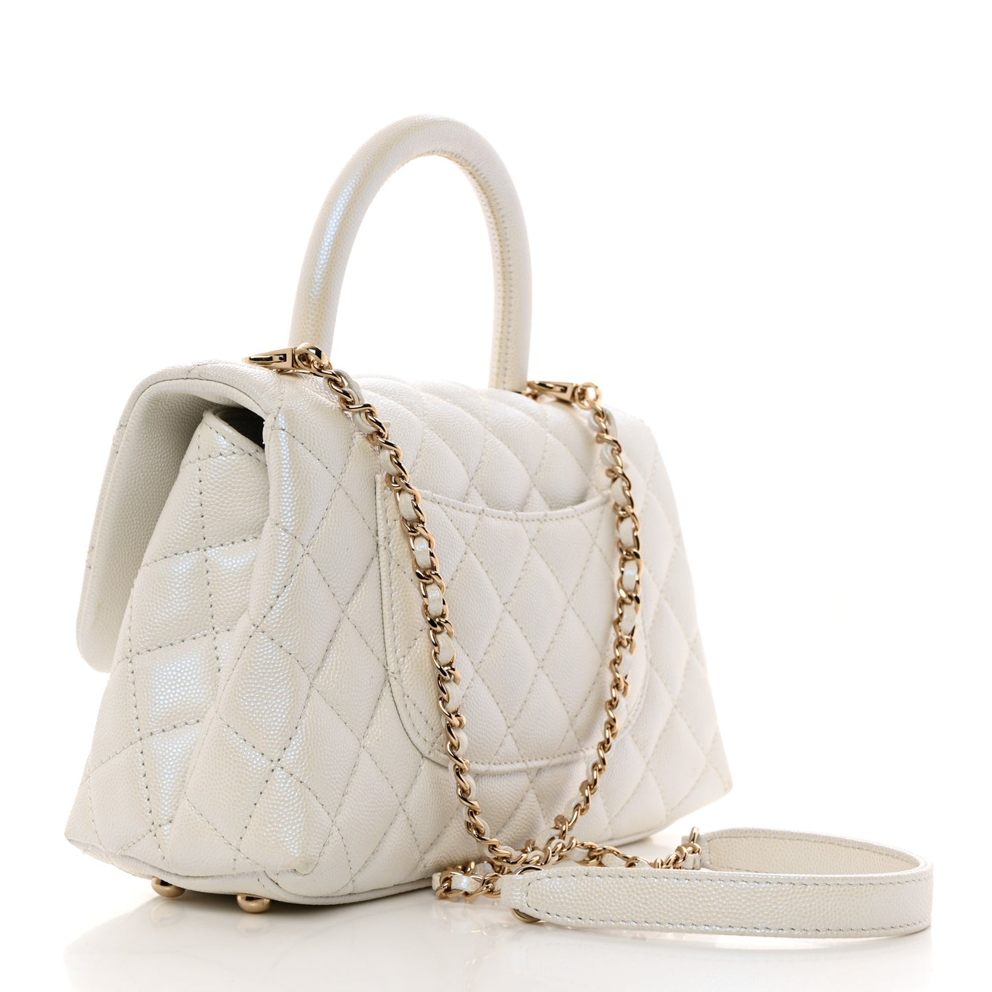 Iridescent Caviar Quilted Mini Coco Handle Flap White