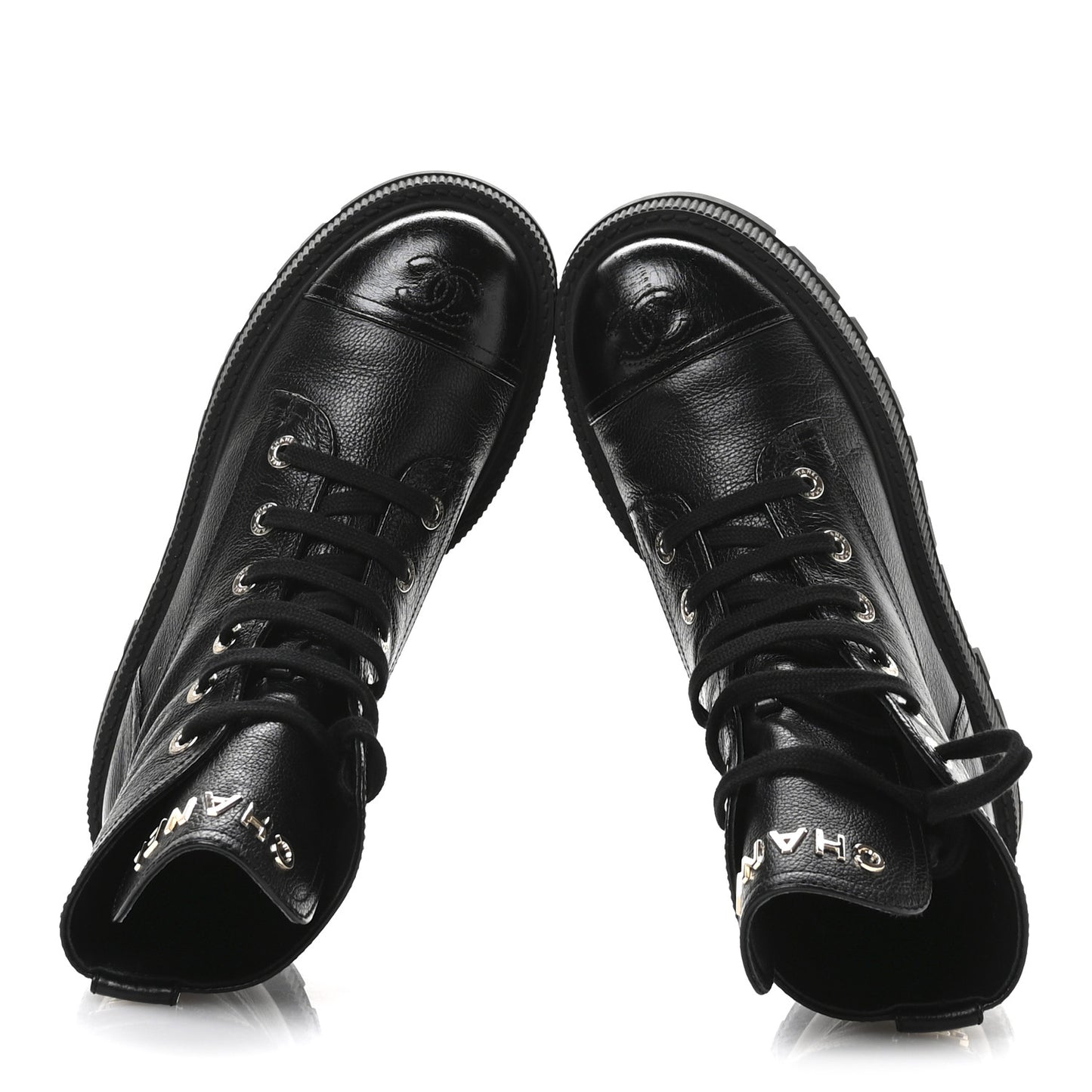 Grained Calfskin Shiny Calfskin CC Lace Up Combat Boots 39 Black
