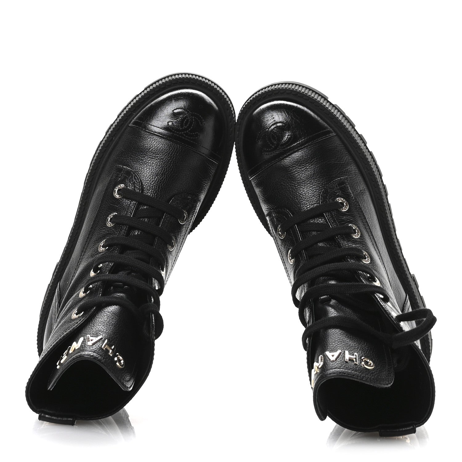 Chanel Grained Calfskin Shiny Calfskin CC Lace Up Combat Boots 39 Black 2 of 9