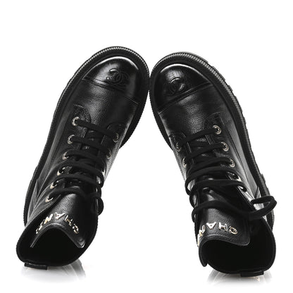 Chanel Grained Calfskin Shiny Calfskin CC Lace Up Combat Boots 39 Black 2 of 9