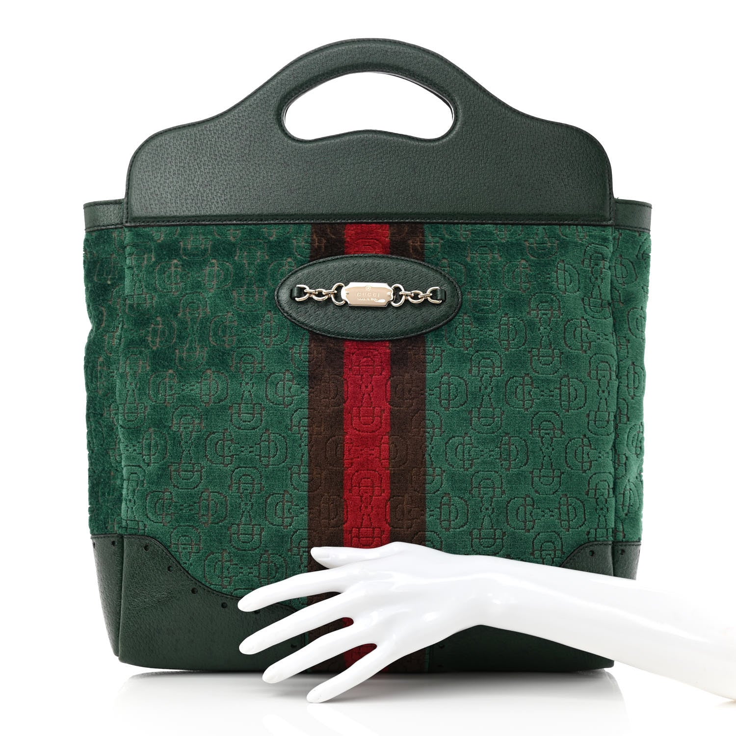 Gucci Velvet Horsebit Embossed Large Punch Top Handle Tote Green 2 of 9
