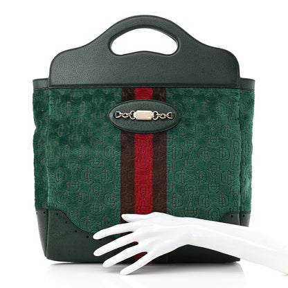 Gucci Velvet Horsebit Embossed Large Punch Top Handle Tote Green 2 of 9
