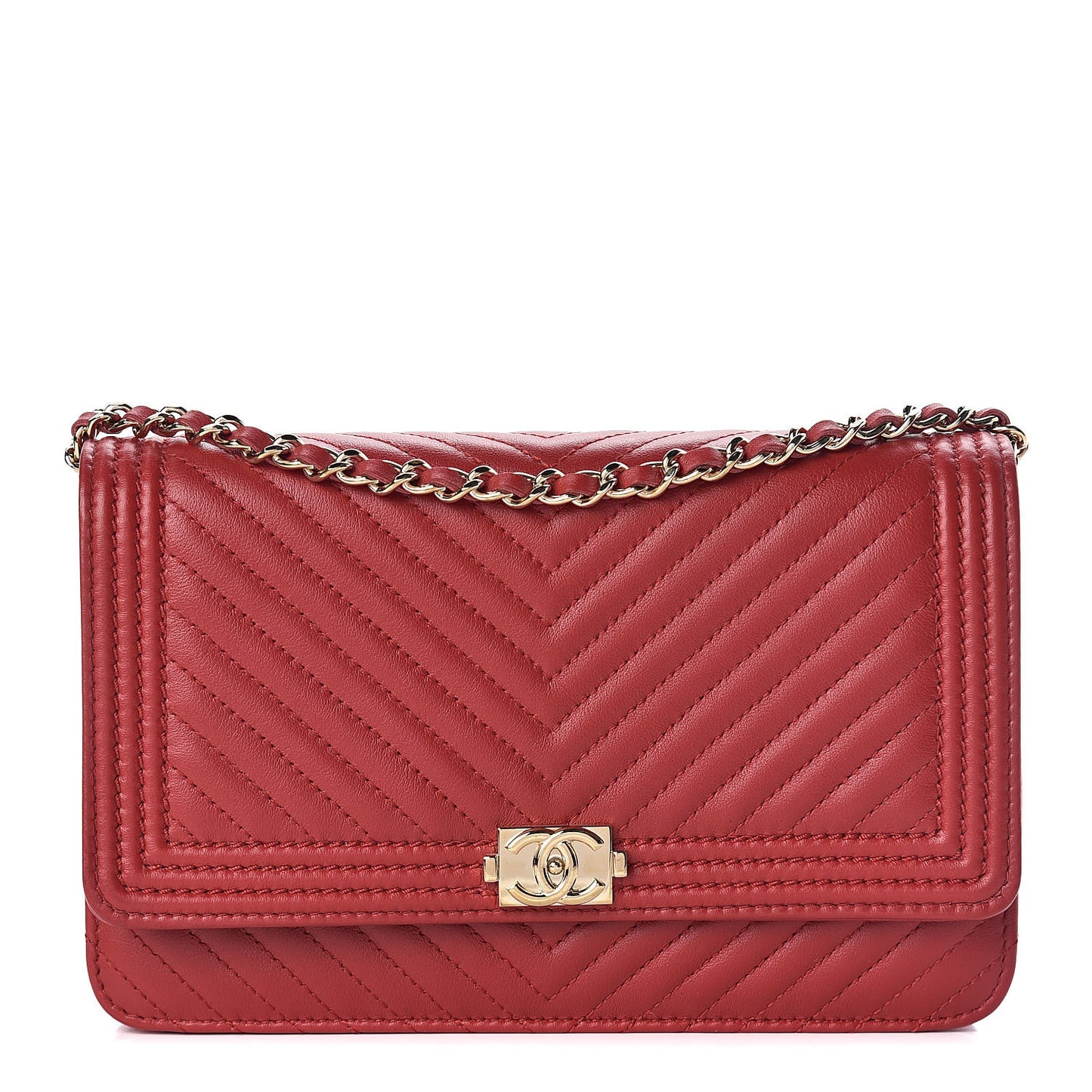 Calfskin Chevron Quilted Boy Wallet On Chain WOC Red