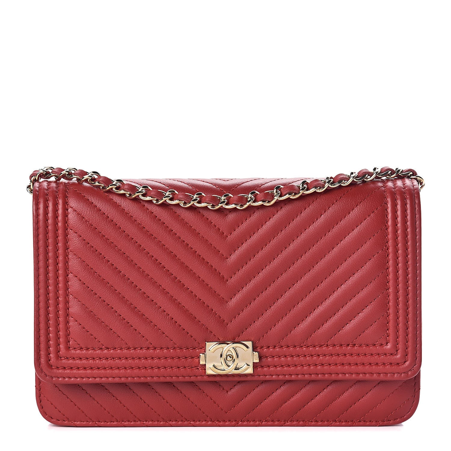 Chanel Calfskin Chevron Quilted Boy Wallet On Chain WOC Red 1 of 11