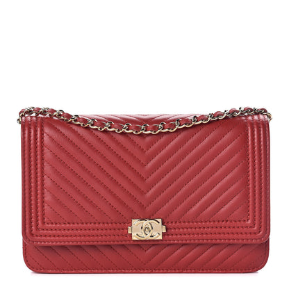 Chanel Calfskin Chevron Quilted Boy Wallet On Chain WOC Red 1 of 11
