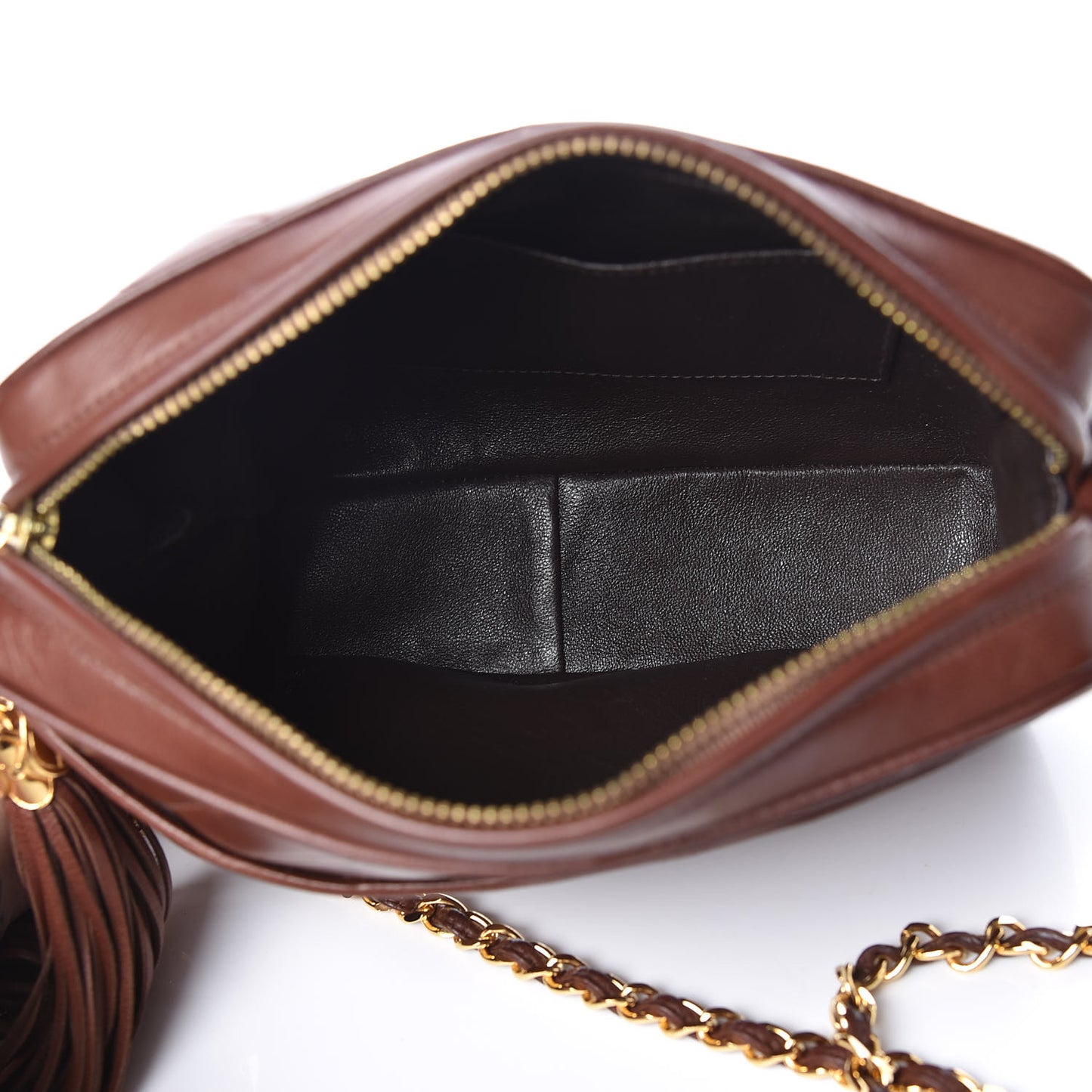 Lambskin Chevron Quilted Tassel Camera Case Brown