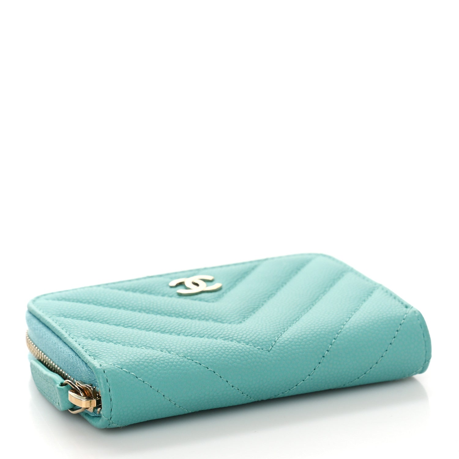 Chanel Caviar Flat Chevron Quilted Zip Coin Purse Green 4 of 10