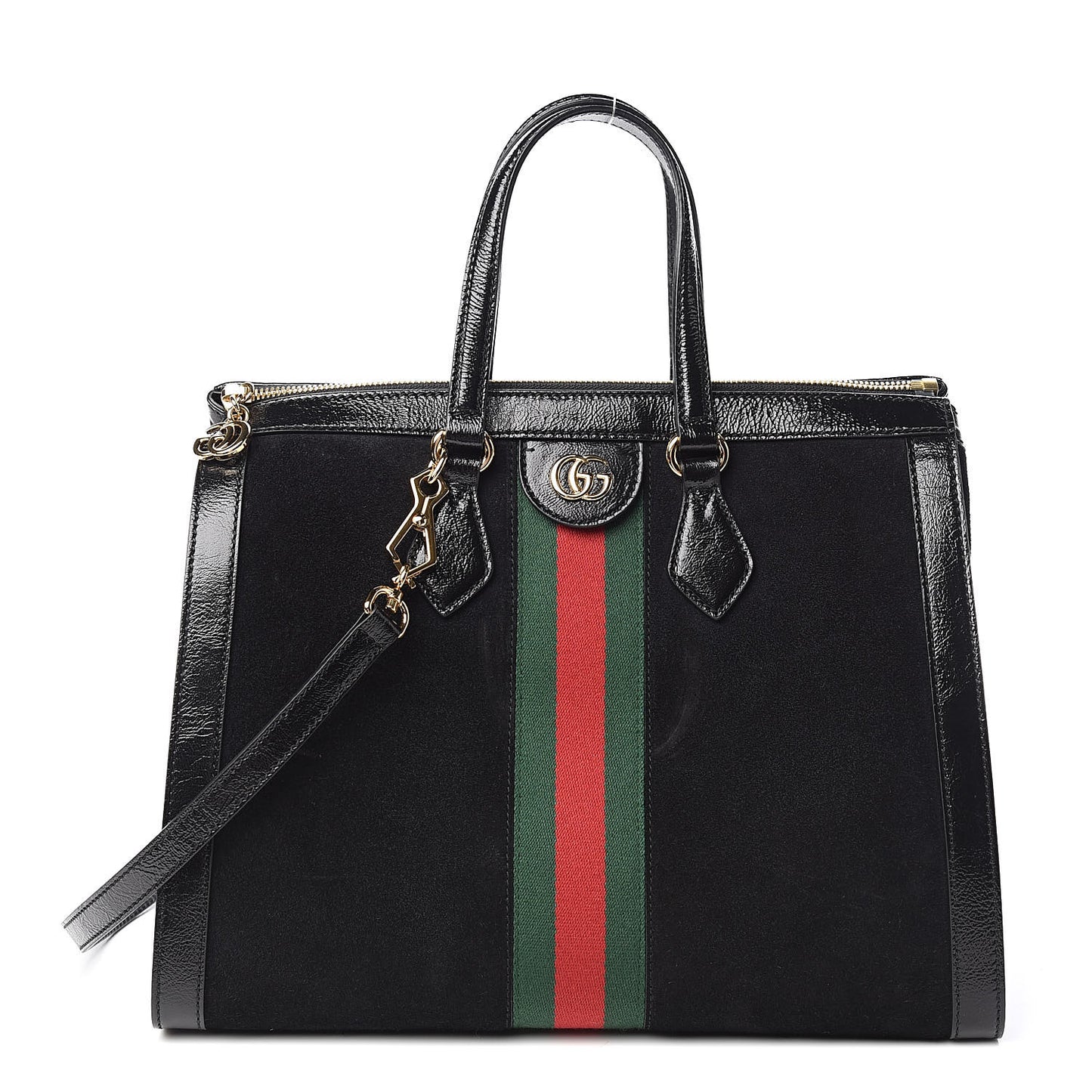 Suede Patent GG Web Medium Ophidia Tote Bag Black