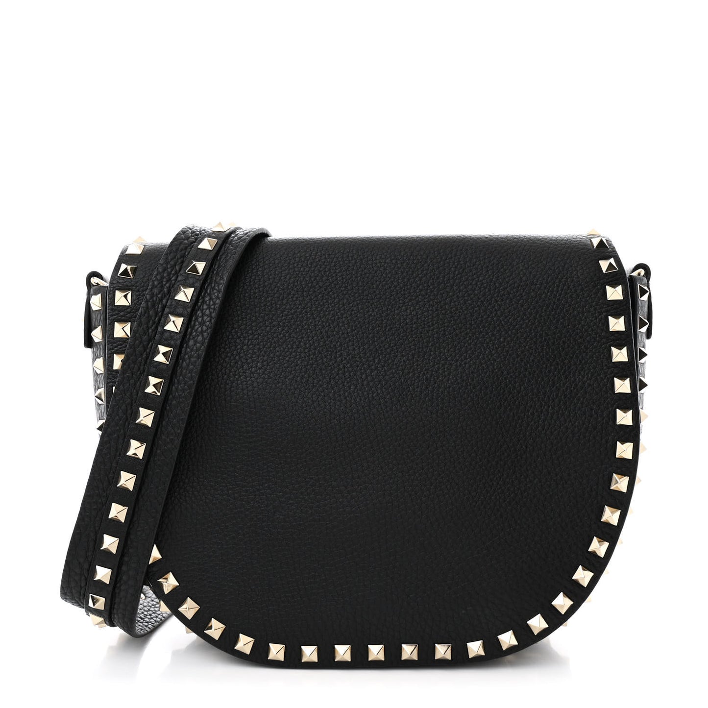 Grained Calfskin Rockstud Saddle Bag Black
