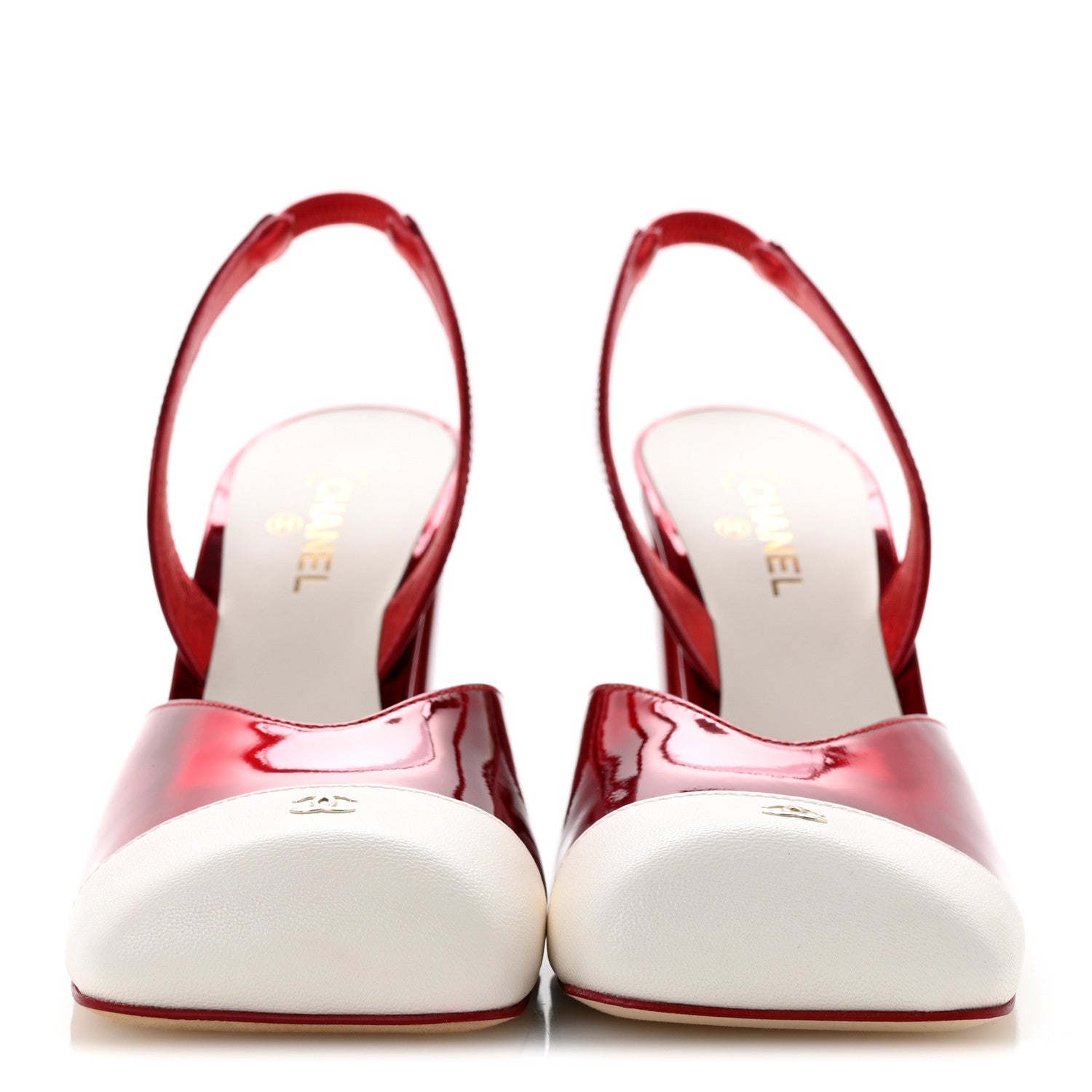Chanel Laminated Calfskin Lambskin Cap Toe CC Slingback Pumps 36.5 Red Ivory 3 of 10