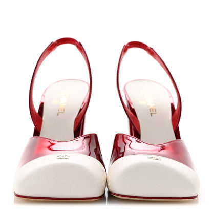 Chanel Laminated Calfskin Lambskin Cap Toe CC Slingback Pumps 36.5 Red Ivory 3 of 10