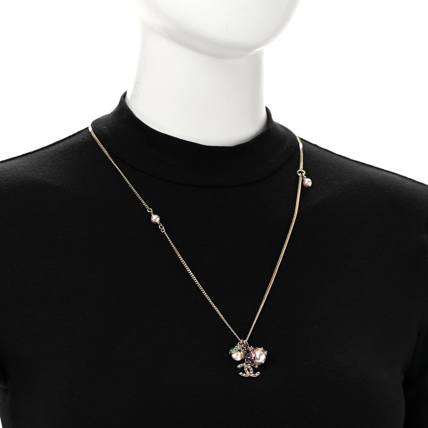 Chanel Enamel Pearl CC Ladybug Necklace Gold Pink 2 of 5