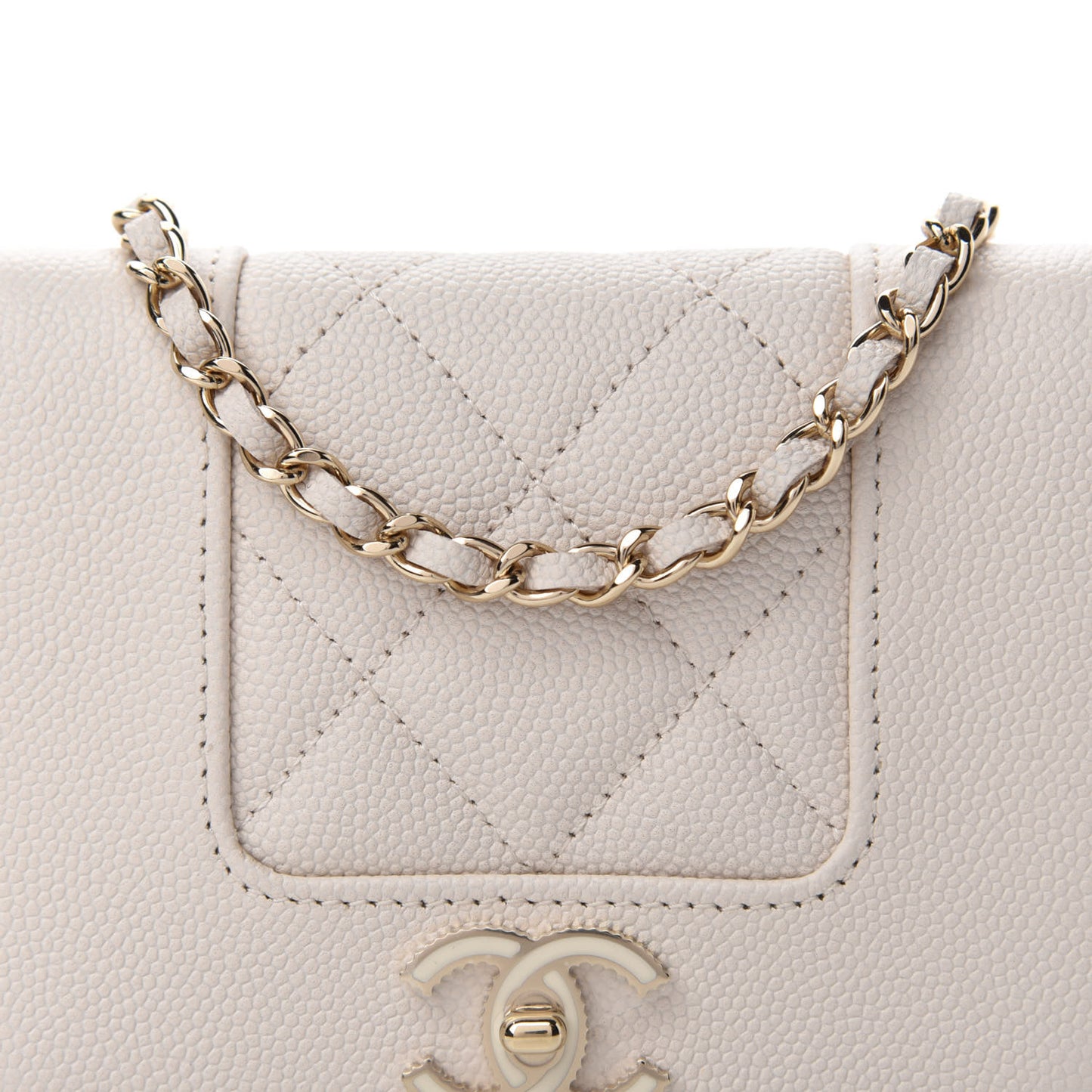 Caviar Quilted Vintage Mademoiselle Card Holder On Chain White