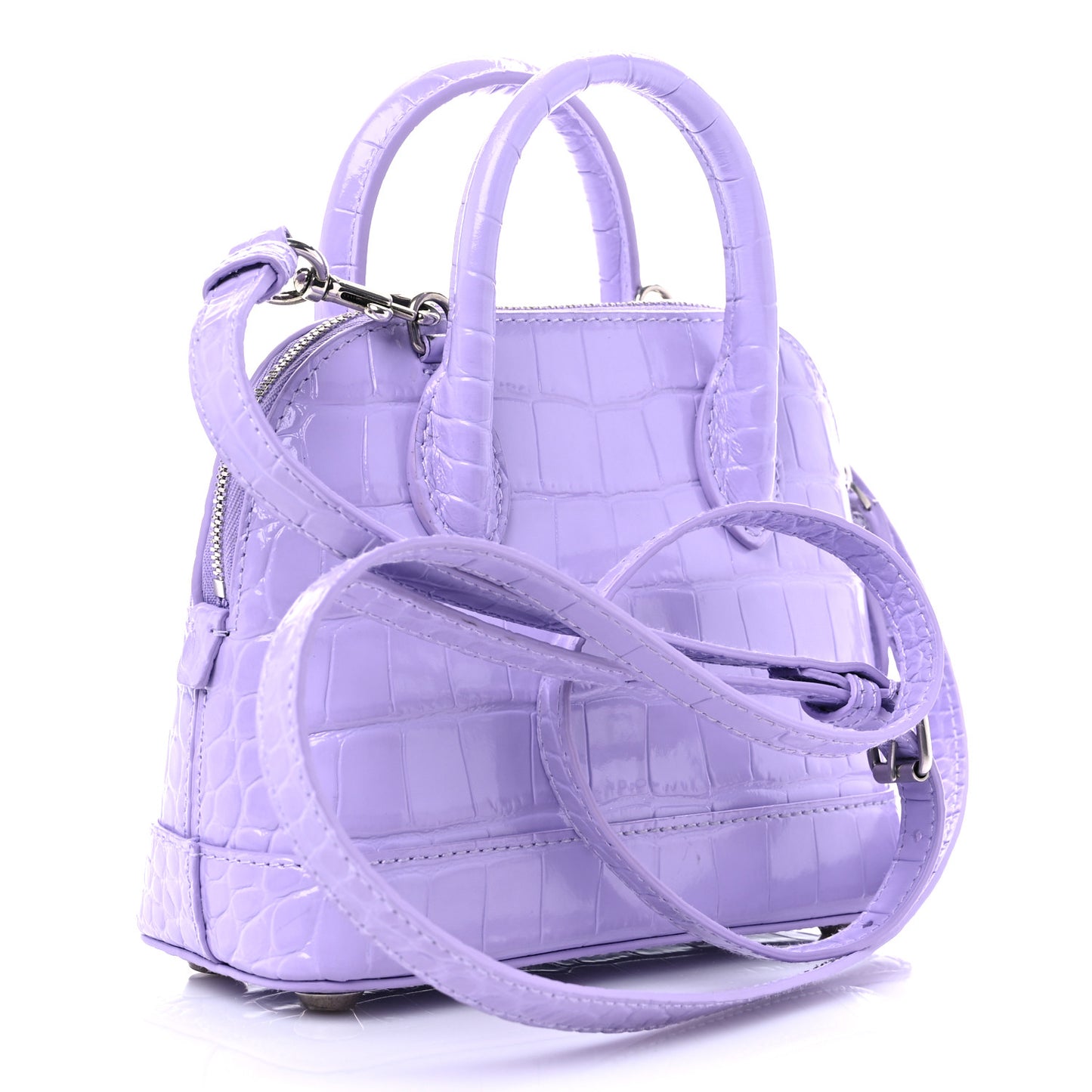 Shiny Calfskin Logo Crocodile Embossed XXS Ville Top Handle Bag Lilac White