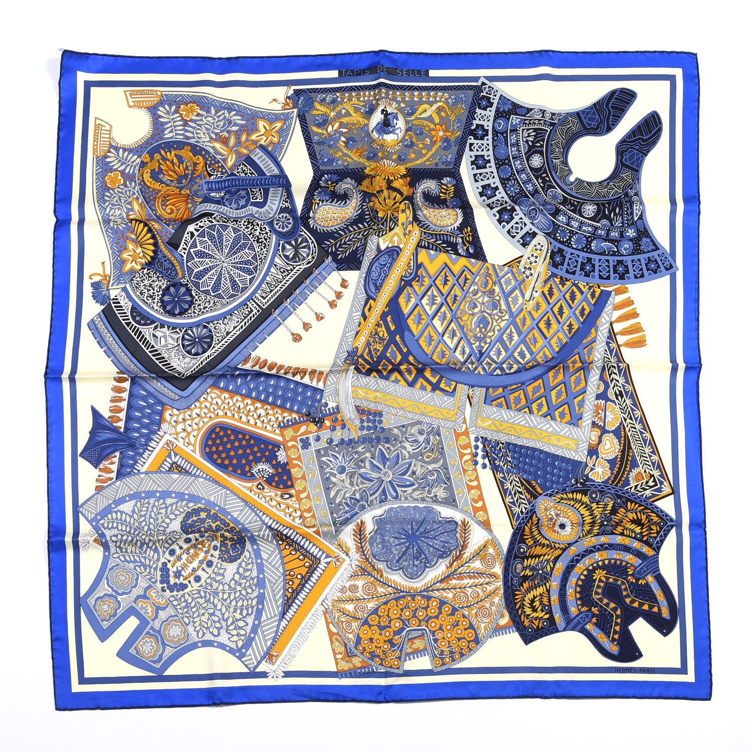 Hermes Silk Tapis De Selle Scarf 90 Vanille Bleu Royal Gold 1 of 5