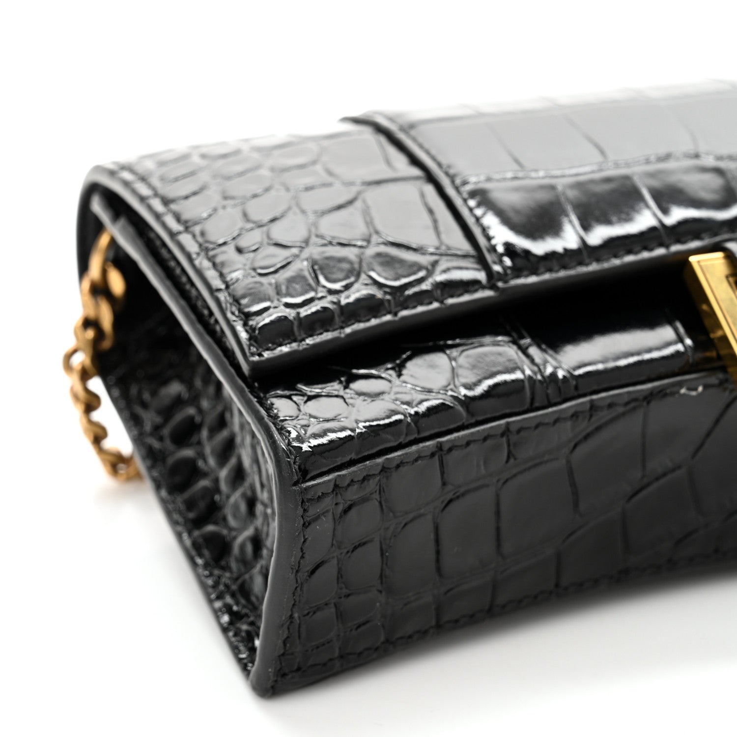 Balenciaga Shiny Calfskin Crocodile Embossed Hourglass Chain Bag Black 7 of 9