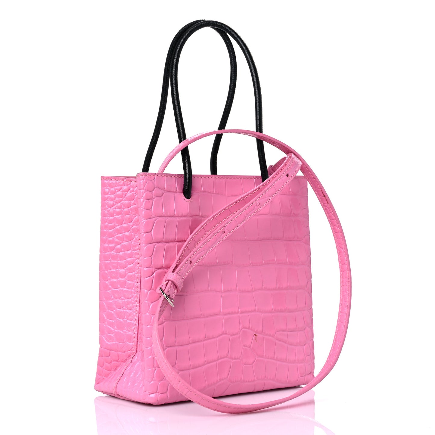 Shiny Calfskin Logo Crocodile Embossed North South Shopper Tote XXS Rose Black