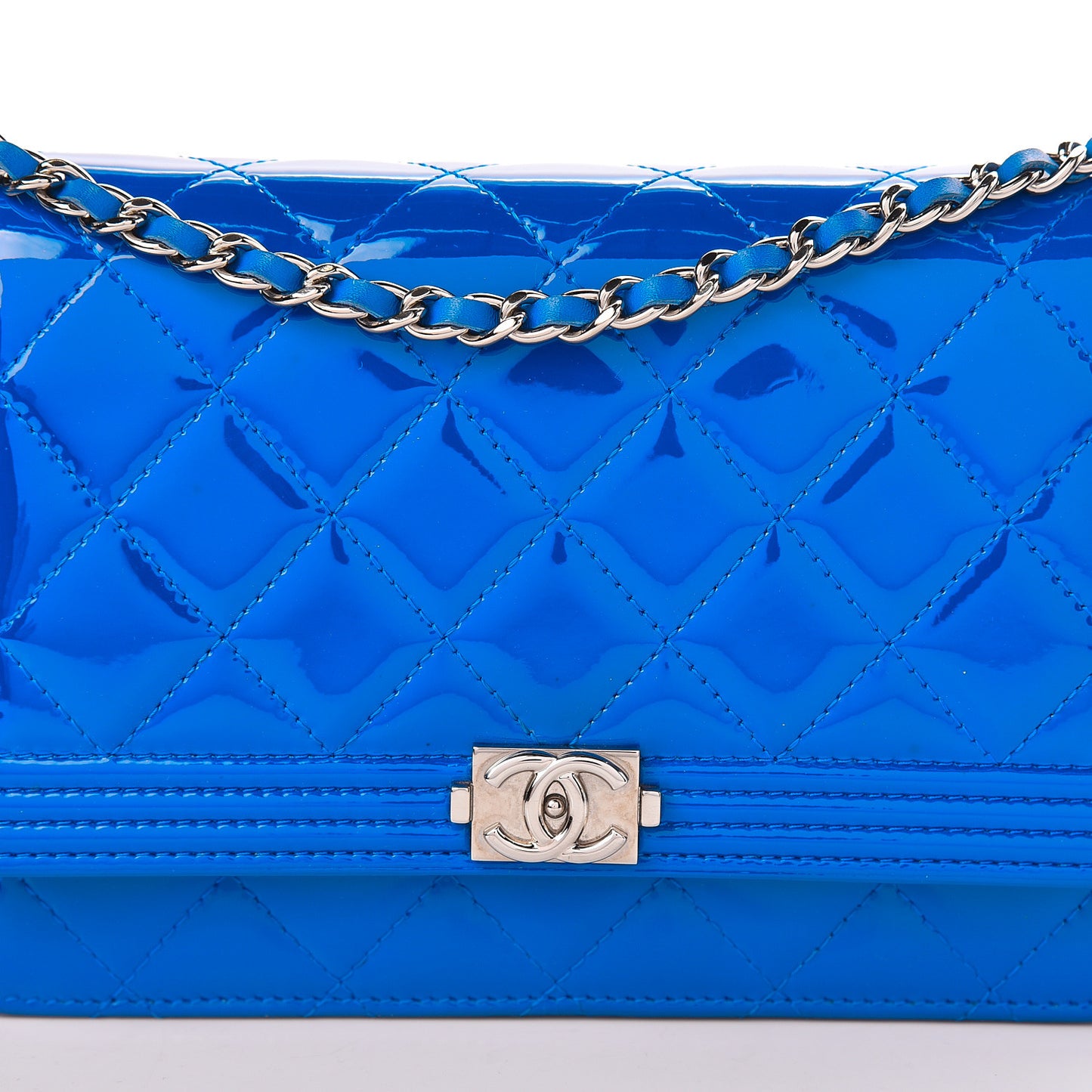 Patent Calfskin Quilted Boy Wallet On Chain WOC Dark Blue