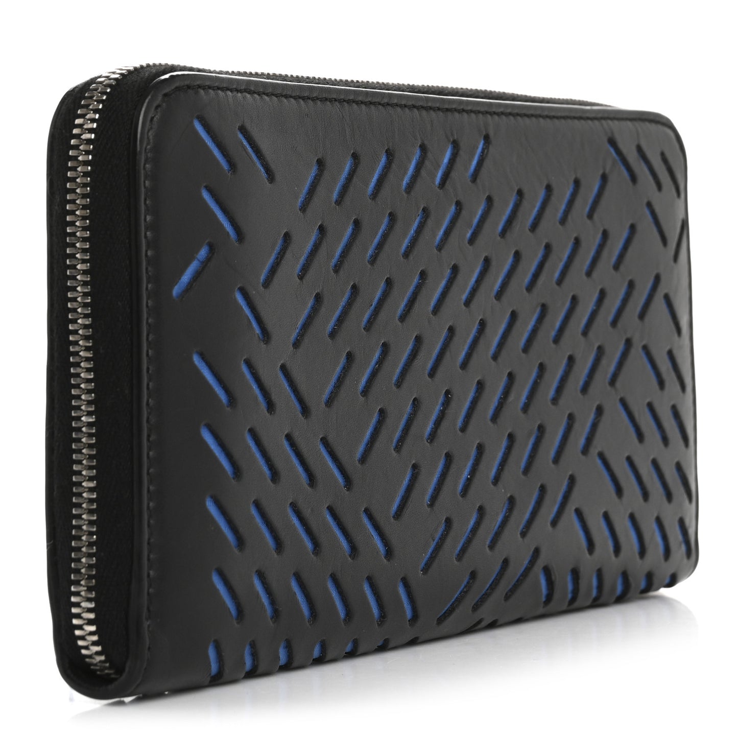 Calfskin Perforated Zip Around Wallet Blue Black