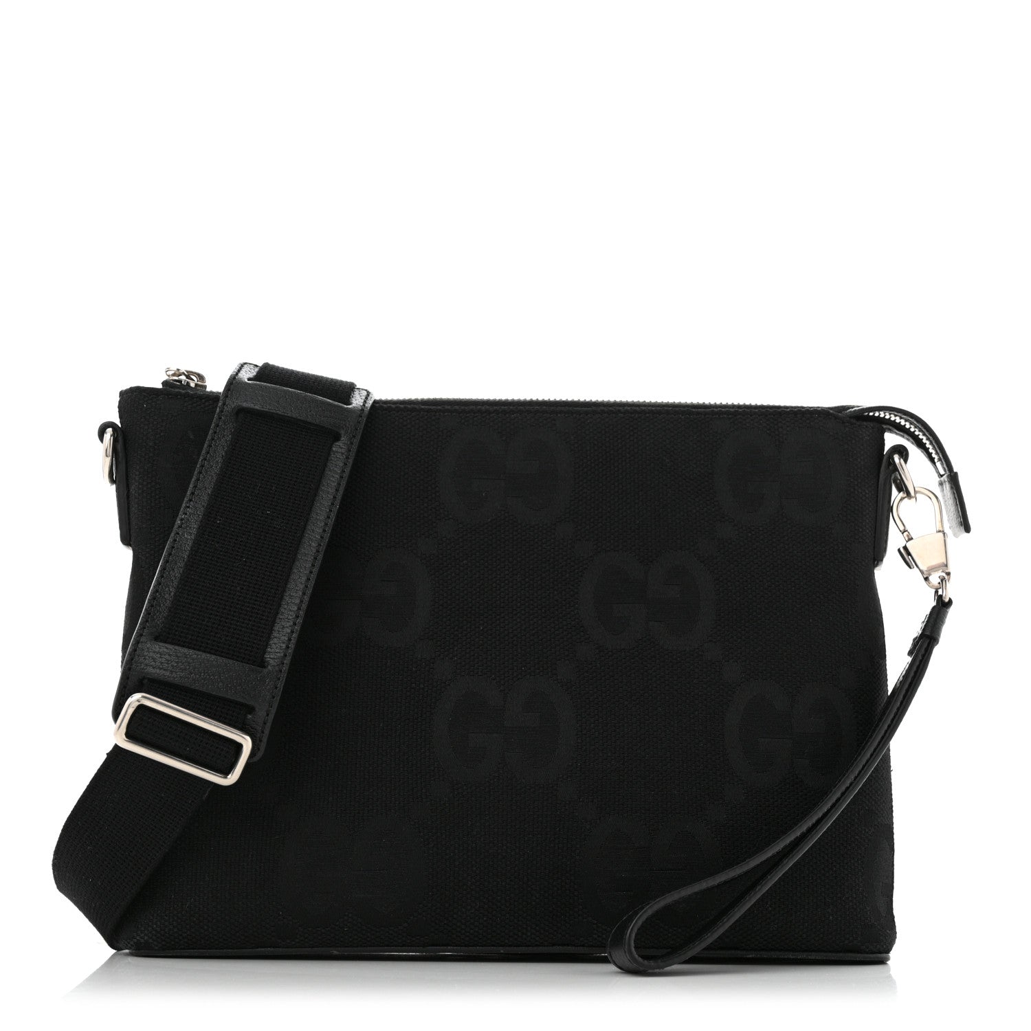 Gucci Monogram Jumbo GG Textured Dollar Calfskin Wristlet Messenger Bag Black 1 of 13