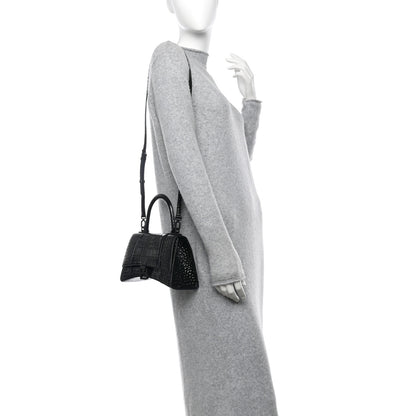 Balenciaga Shiny Calfskin Monochrome Crocodile Embossed Small Hourglass Top Handle Bag Black 2 of 15
