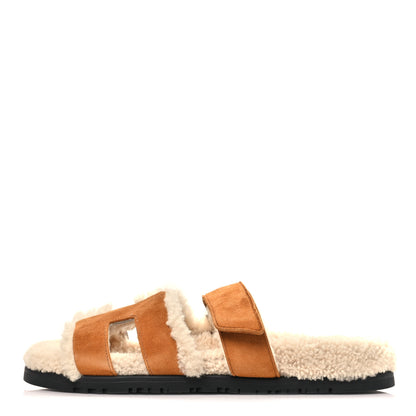 Hermes Suede Goatskin Woolskin Womens Chypre Sandals 39 Naturel Ecru 1 of 9