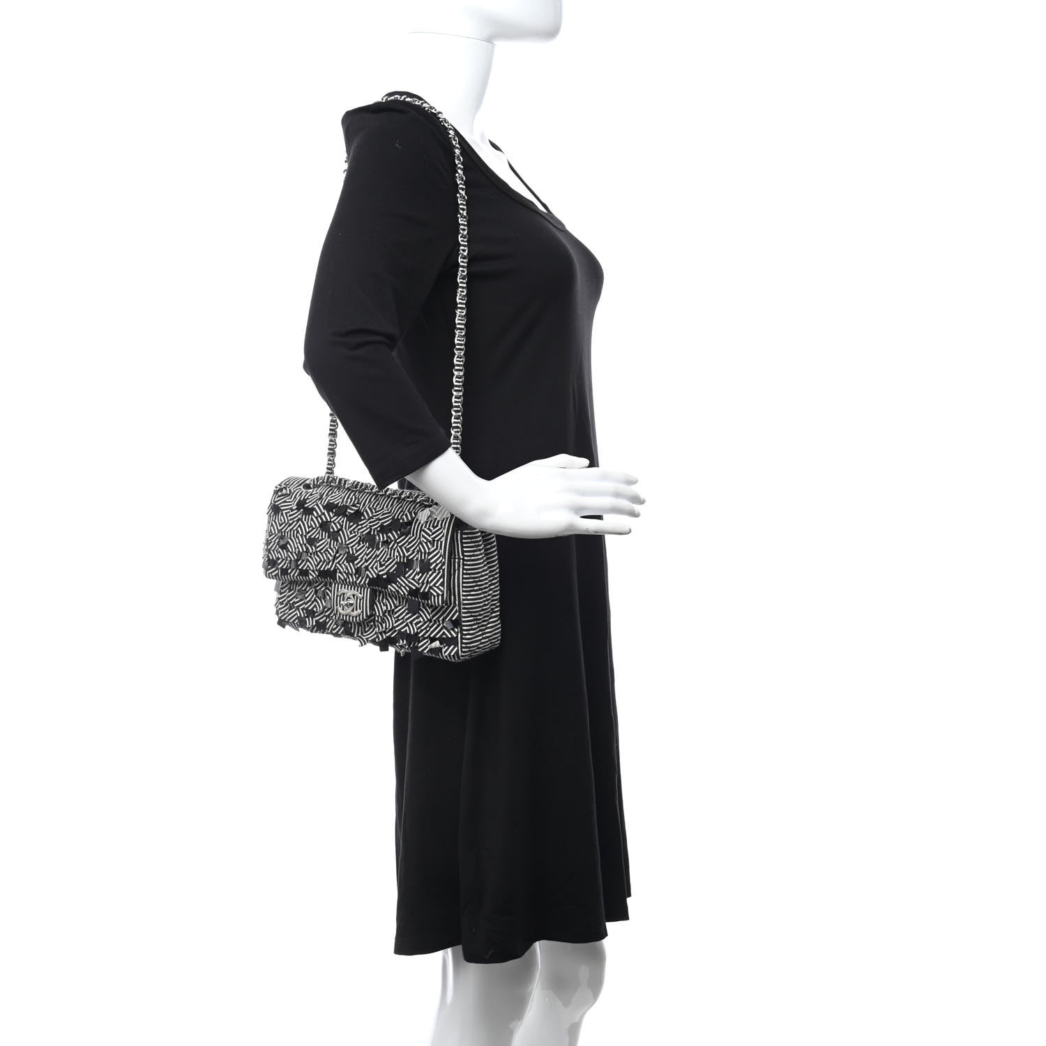 Chanel Canvas Sequin Stripe Medium Double Flap Black White 2 of 10