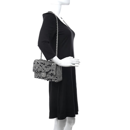 Chanel Canvas Sequin Stripe Medium Double Flap Black White 2 of 10
