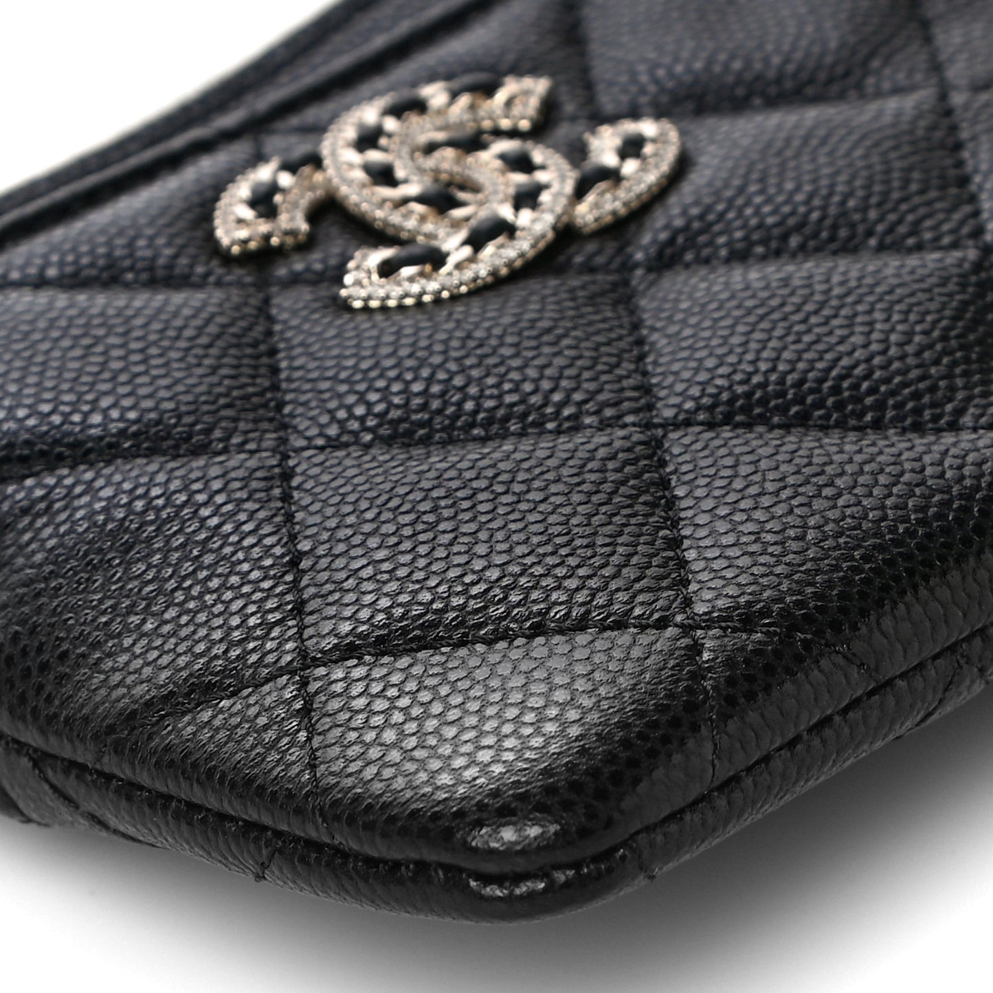 Caviar Quilted Crystal Zip Card Holder Wallet Black
