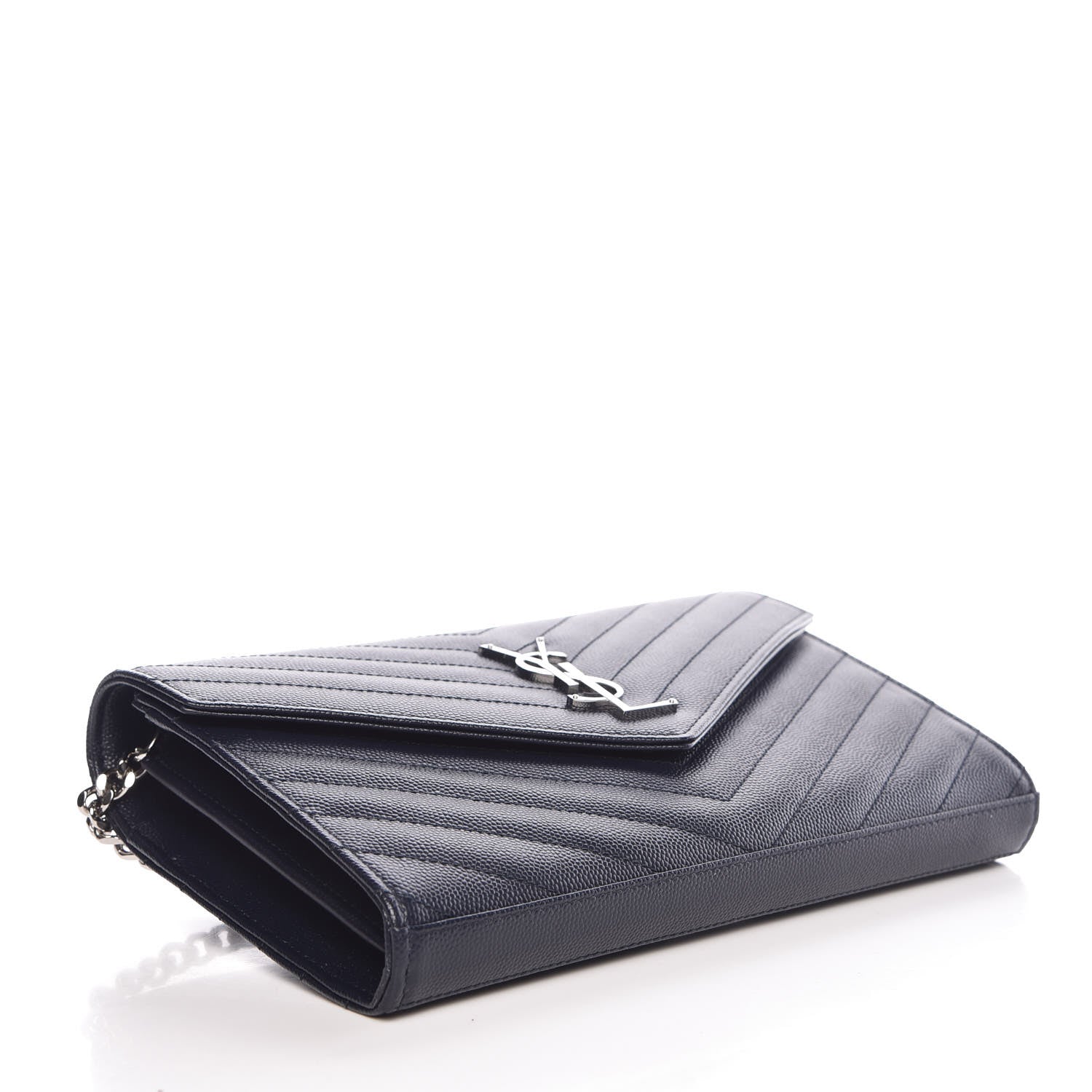 Saint Laurent Grain De Poudre Matelasse Chevron Monogram Chain Wallet Navy 4 of 6