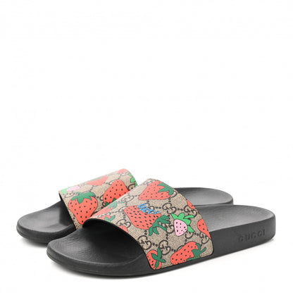 Gucci GG Supreme Monogram Strawberry Slide Sandals 39 Beige Multicolor 3 of 9