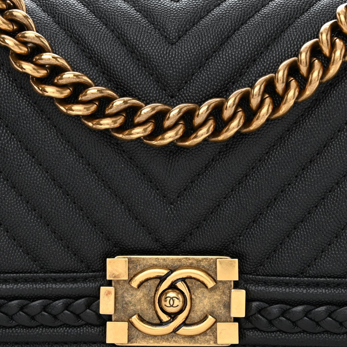 Caviar Chevron Quilted Braided Medium Boy Flap Black